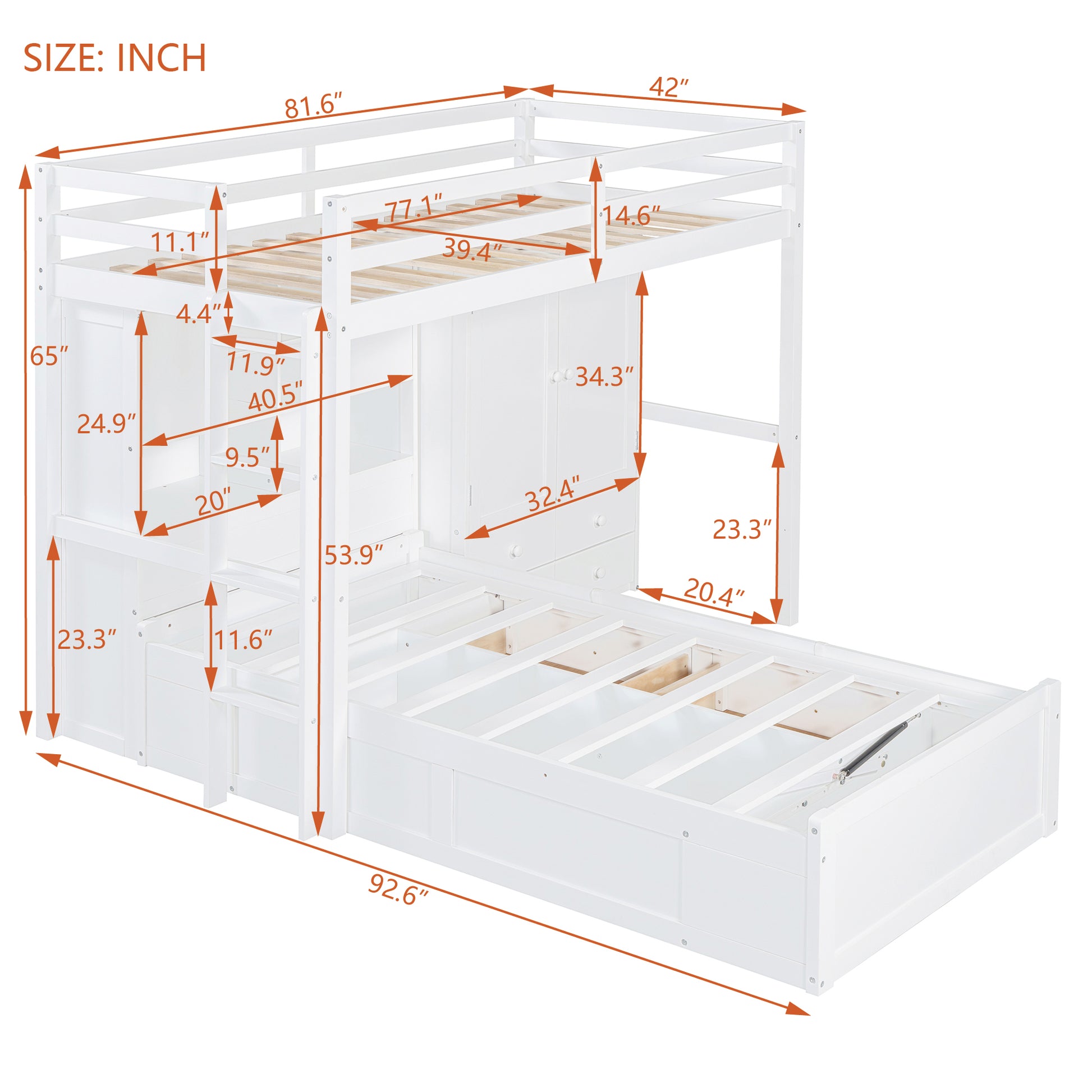 Twin Bunk Bed With Drawers, Wardrobe, Storage Shelves And Hydraulic Bed,White White Mdf Lvl