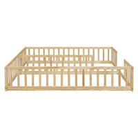 Double Twin Floor Bed With Fence, Guardrails, Without Door, Natural Twin Natural American Design Pine