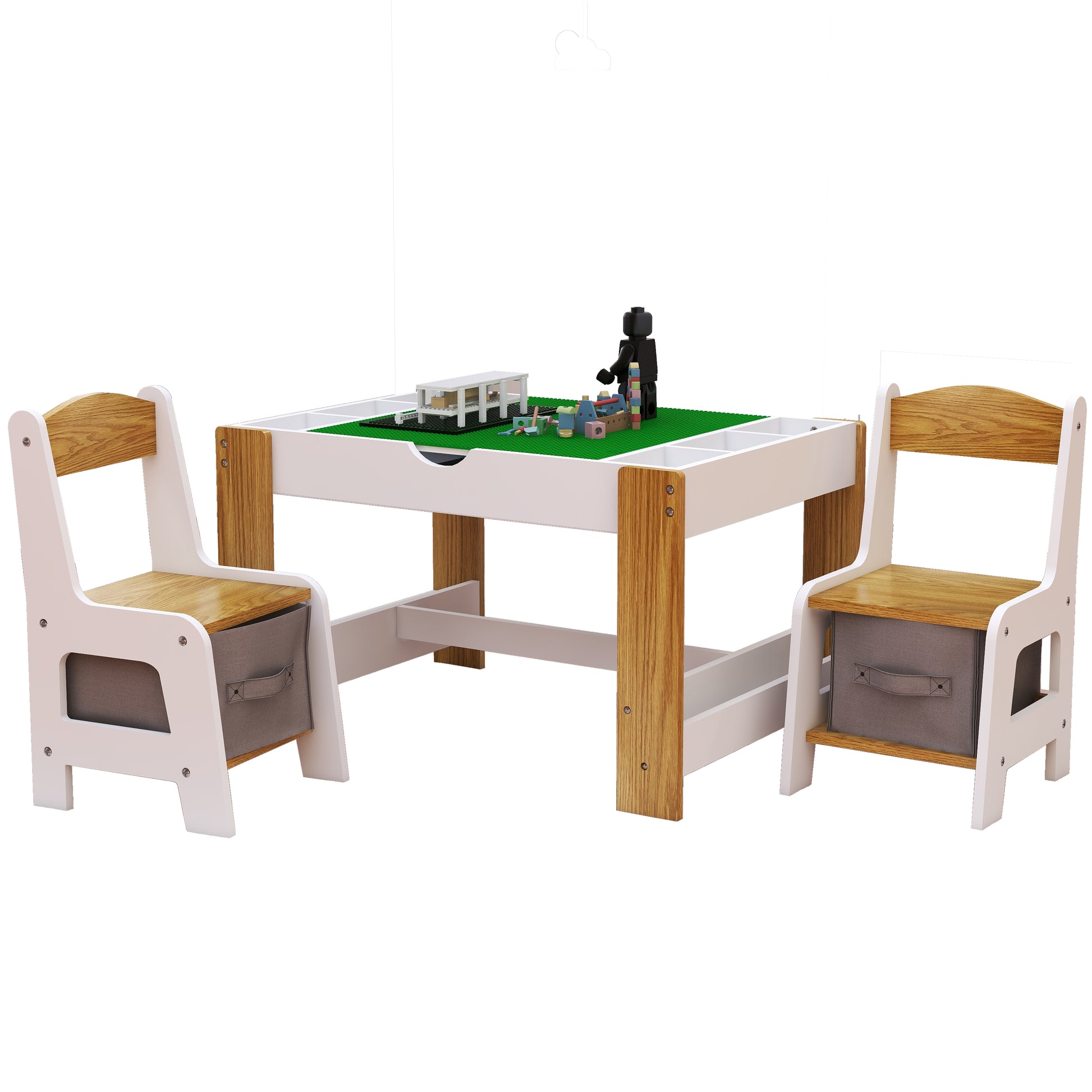 Kids 2 In 1 Play Table & 2 Chairs Set,With 7 Storage Compartments,Compatible With Lego Building Block,Modern Activity Learning Table Game Furniture White White Green Mdf