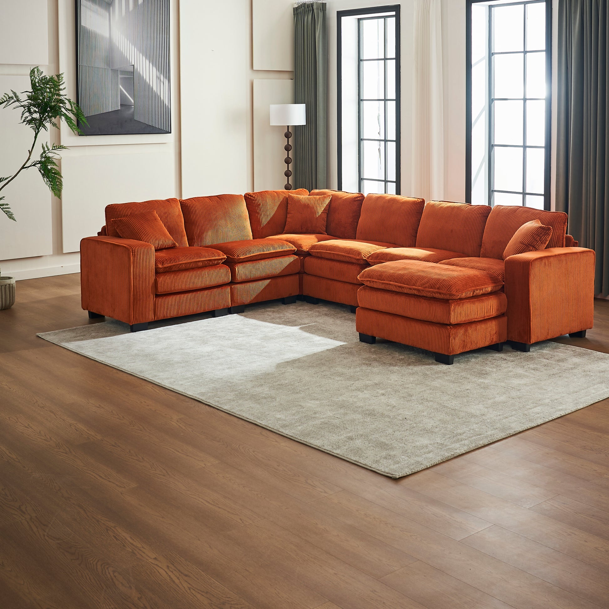 Modern U Shaped 6 Seat Sectional Sofa Couch With One Ottoman And Three Toss Pillows ,Modular Sofa For Living Room,Corduroy Sofa Orange Corduroy 7 Seat