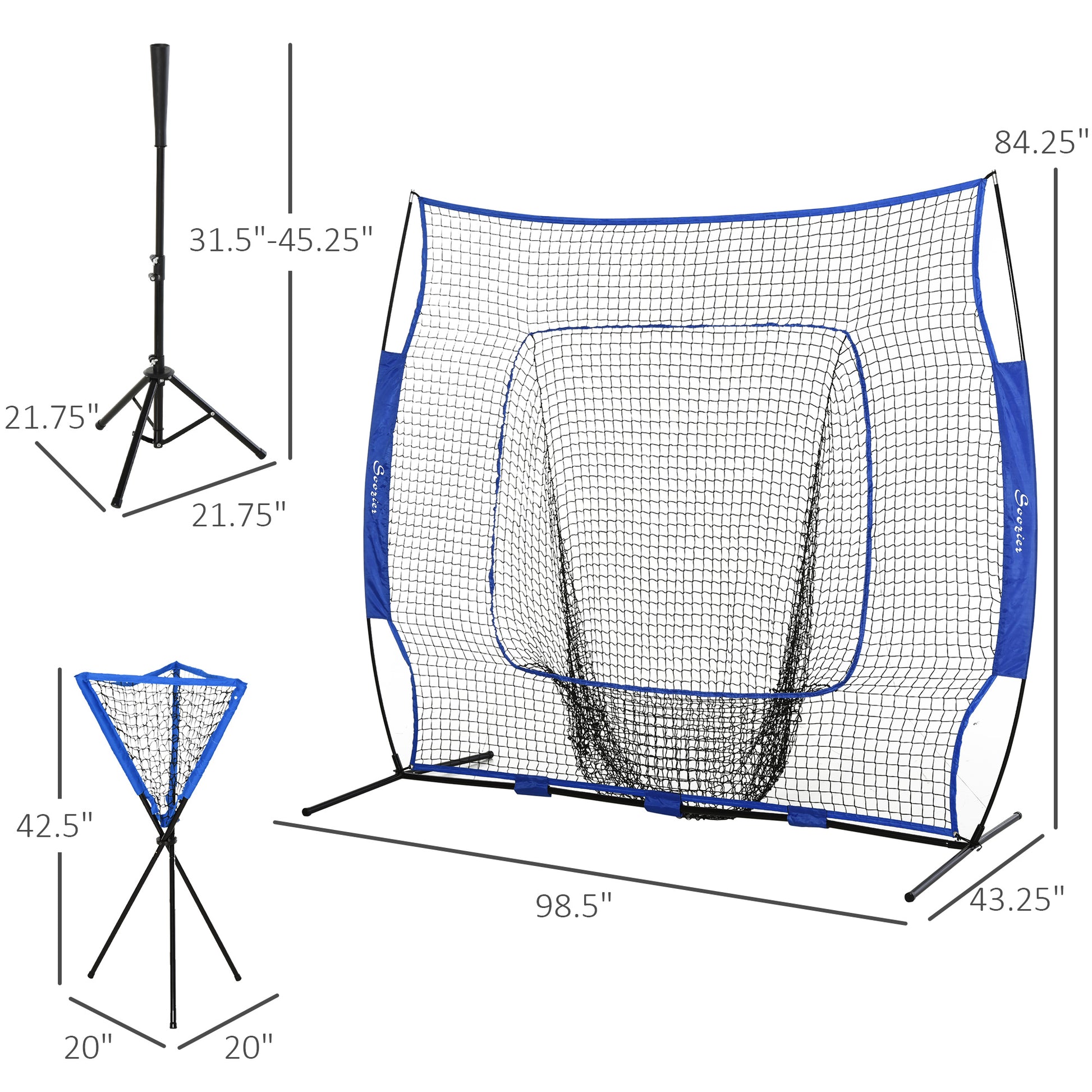 Soozier Baseball Practice Net Set With 7.5X7Ft Catcher Net, Ball Caddy, Portable Baseball Practice Equipment With For Hitting, Pitching, Batting, Catching, Blue Blue Steel