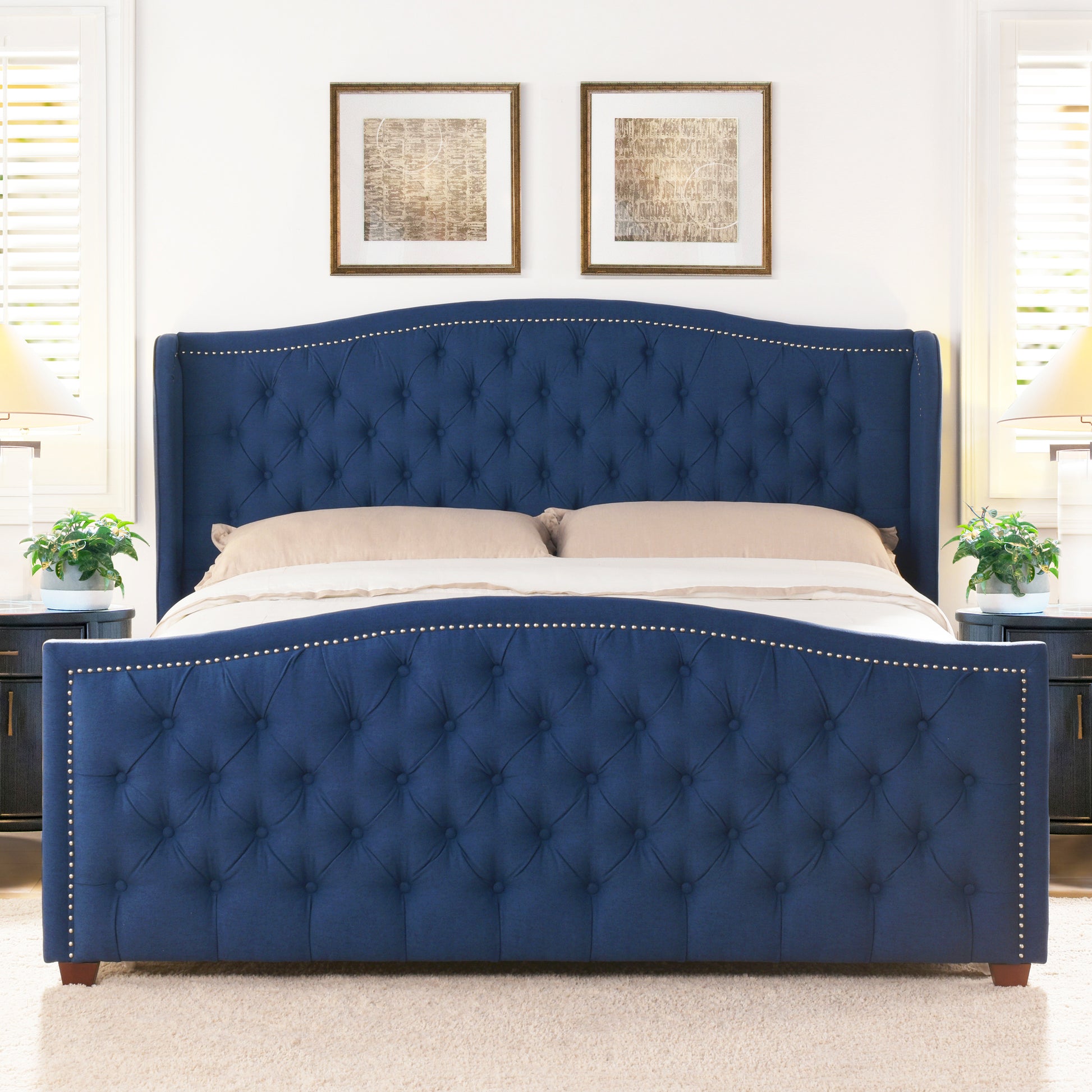 Marcella Upholstered Shelter Headboard Bed Set, King, Dark Sapphire Blue Woven Box Spring Required King Blue Wood Foam Polyester Fabric