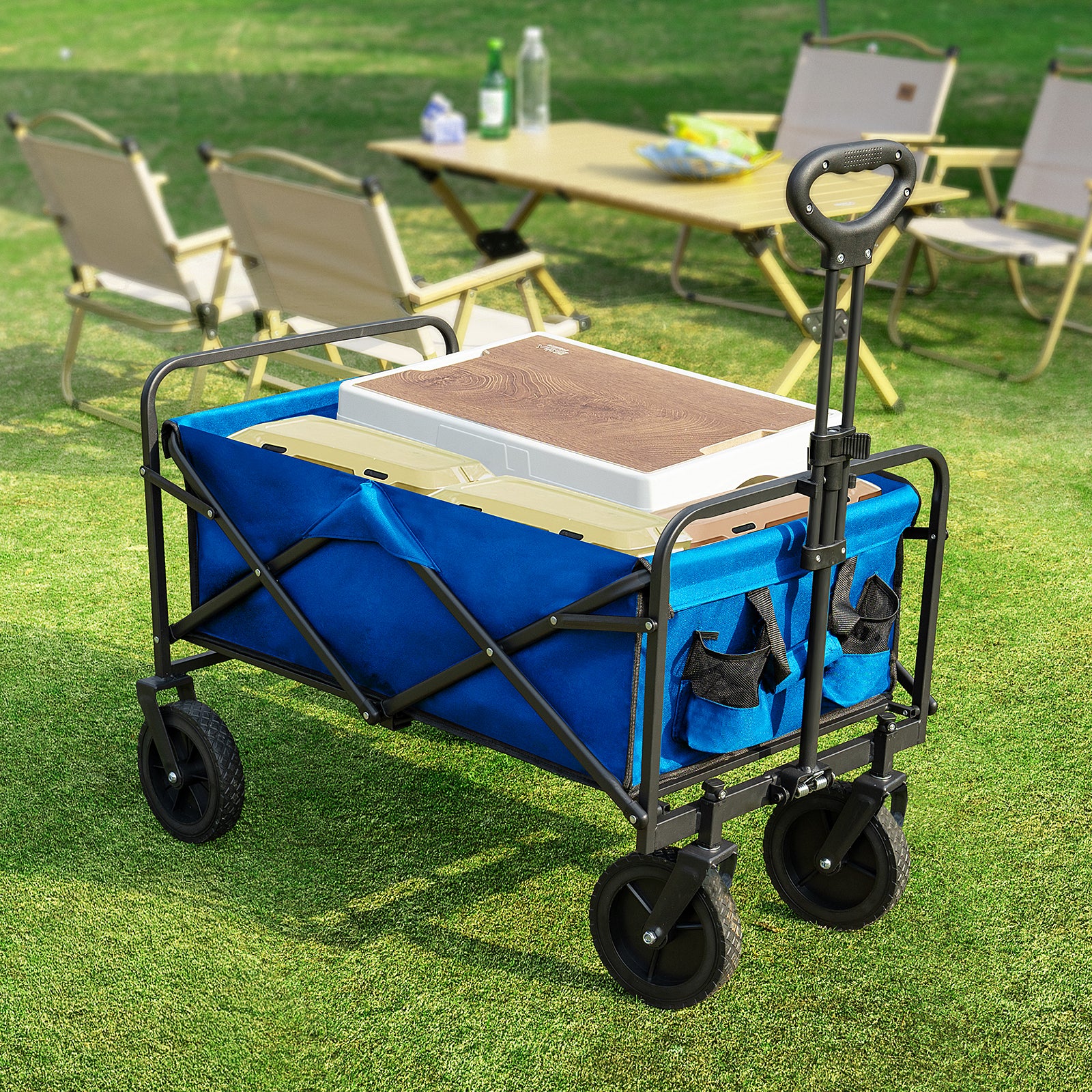 Folding Wagon Cart With Wheels, Foldable Grocery Cart,Large,Blue Blue Iron