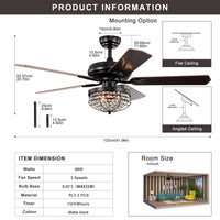 Modern Design Living Room 52 Inch Decorative Crystal Chandelier Ceiling Fan With Light Matt Black American Design,American Traditional,Antique,Classic Plywood Iron