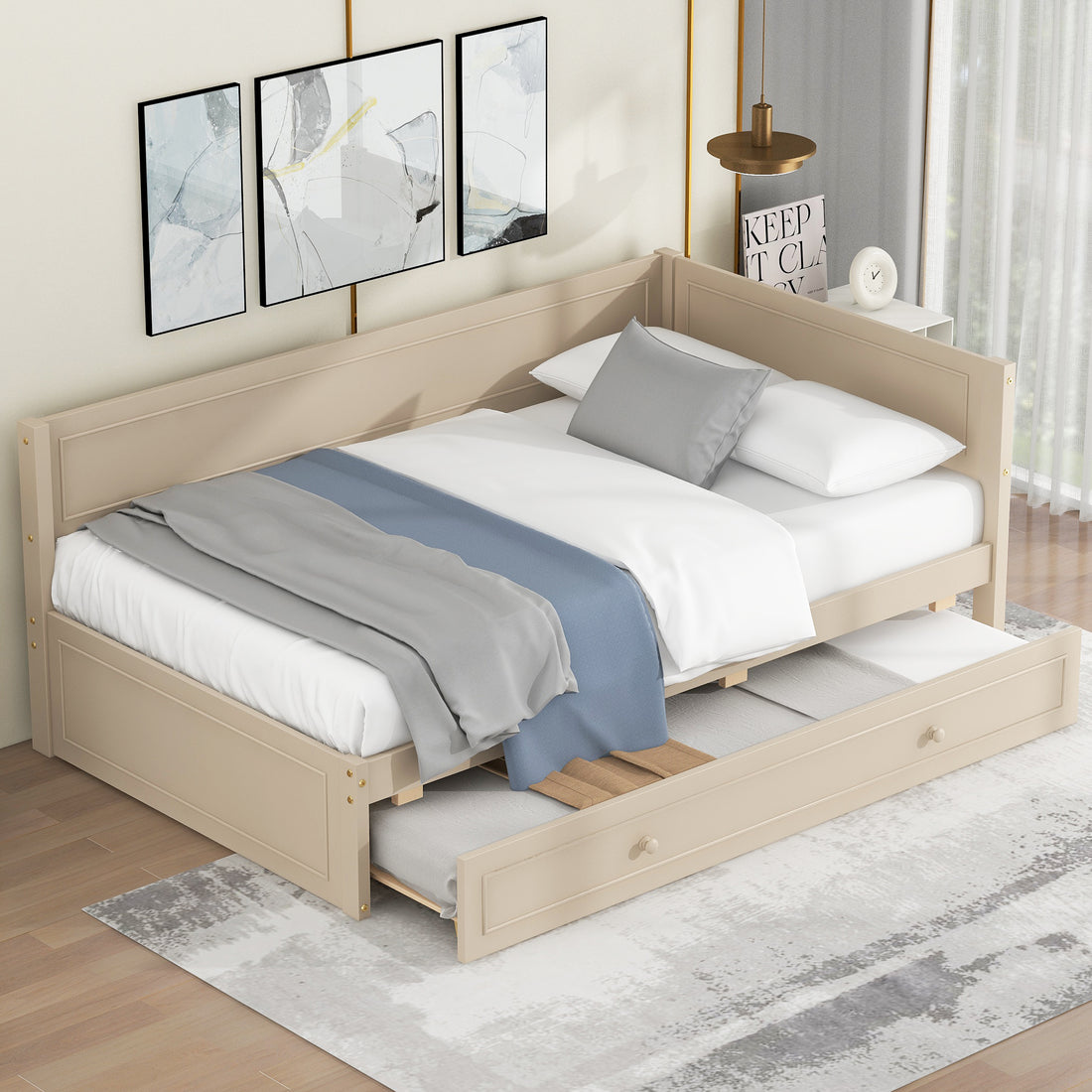 Twin Size Wood Daybed With Trundle And Guardrail, Beige Box Spring Not Required Beige Wood Solid Wood Mdf