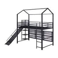 Twin Size House Metal Loft Bed With Iron Mesh Shelves And Slide,Black Black Metal