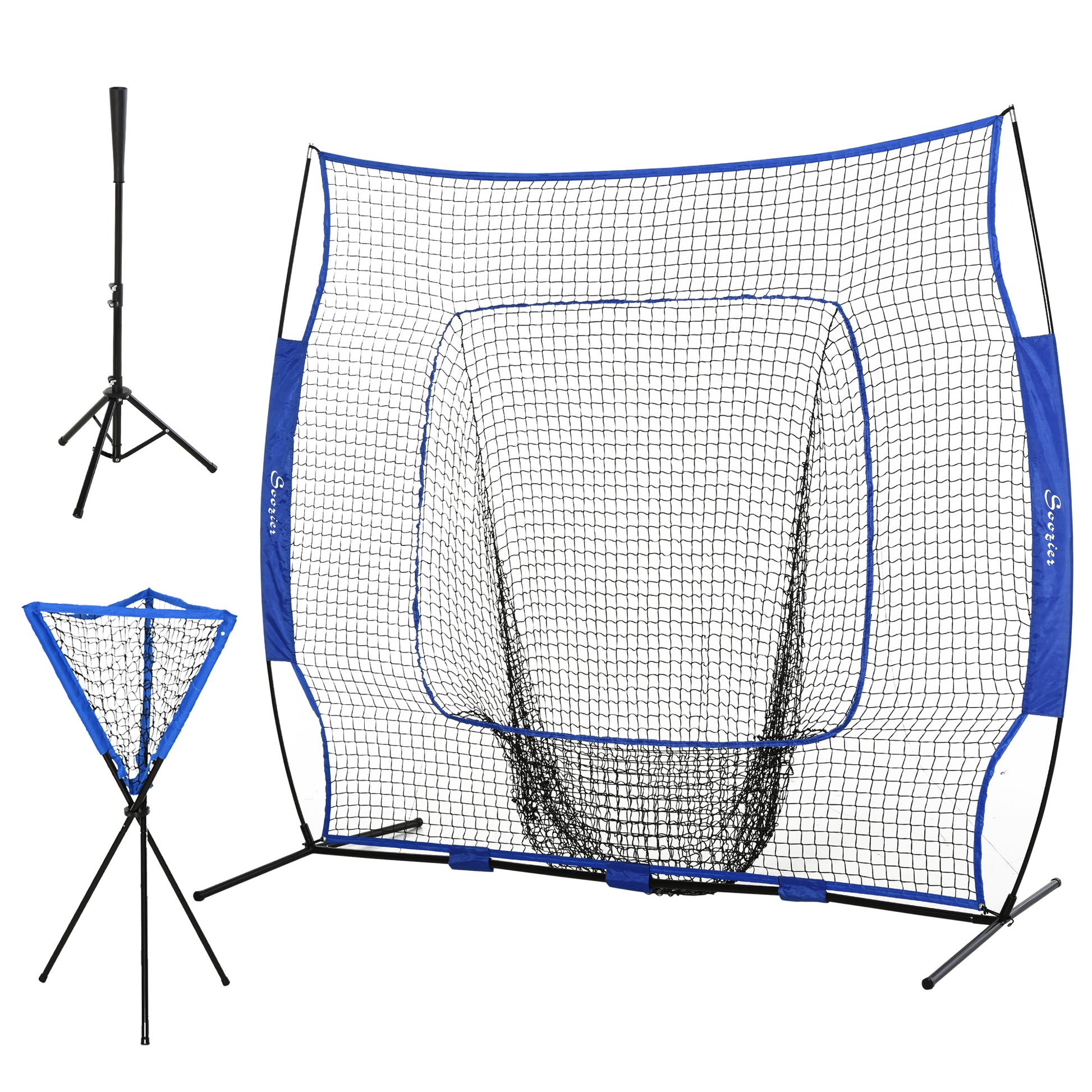 Soozier Baseball Practice Net Set With 7.5X7Ft Catcher Net, Ball Caddy, Portable Baseball Practice Equipment With For Hitting, Pitching, Batting, Catching, Blue Blue Steel