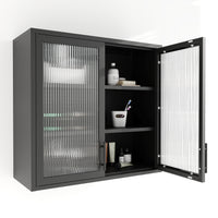 Retro Style Wall Mounted Cabinet Table Top Storage Cabinet With Hazy Glass Doors And 2 Adjustable Shelves For Bathroom Kitchen Living Room Kitchen Hallway Black Outdoor Paint, Flute Tempered Glass Black 2 3 24 To 35 In 24 To 31 In Adjustable Shelves