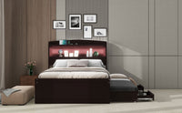 Twin Xl Size Platform Bed With Storage Led Headboard, Charging Station, Twin Size Trundle And 2 Drawers, Dark Brown Box Spring Not Required Twin Xl Dark Brown Wood Bedroom Bed Frame Solid Wood Mdf