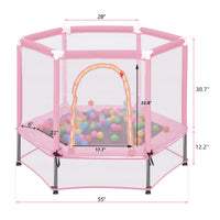 55'' Toddlers Trampoline With Safety Enclosure Net And Balls, Indoor Outdoor Mini Trampoline For Kids Pink Metal