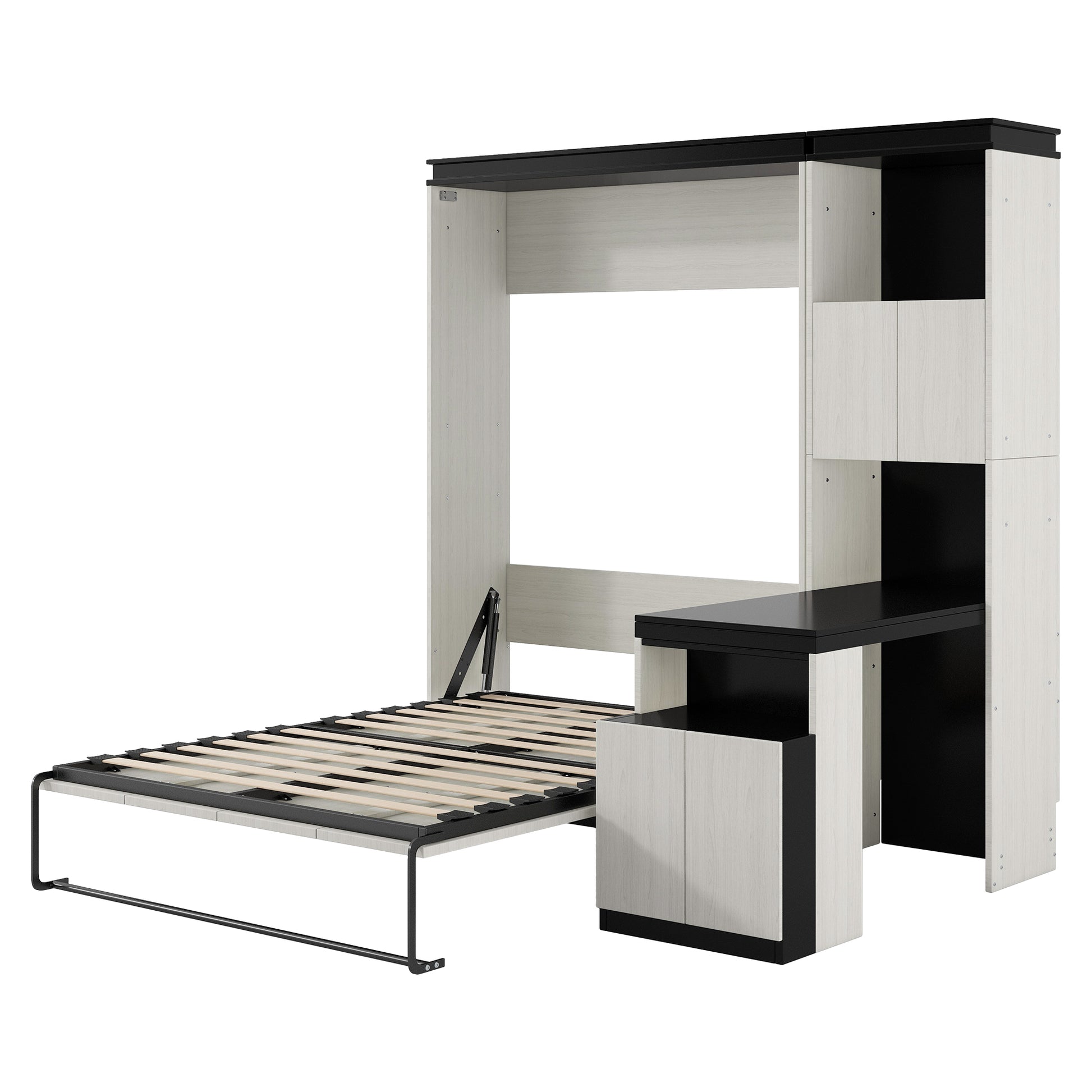 Full Size Murphy Bed With Desk And Storage Shelves And Cabinets, Black White Box Spring Not Required Full Black White Solid Wood Mdf