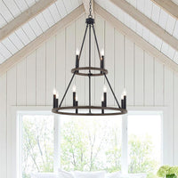 12 Light Living Room Steel Dimmable Candle Style Wagon Wheel Chandelier Ul Certified Walnut Ceiling Lights Steel Metal