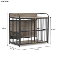 39'' Indoor Metal Dog Crate With Double Doors, Wooden Side End Table Crate, Dog Crate Furniture With Adjustable Feeder Stand, For Medium Dog, Gray Gray Dog Engineered Wood