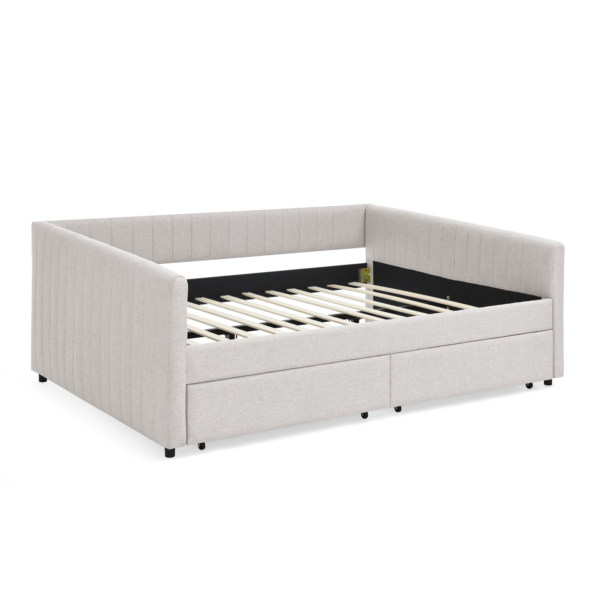 Queen Size Daybed With Two Drawers Trundle Upholstered Sofa Bed, With Vertical Stripes, Linen Fabric, Beige 86.5"X65"X30" Beige Linen