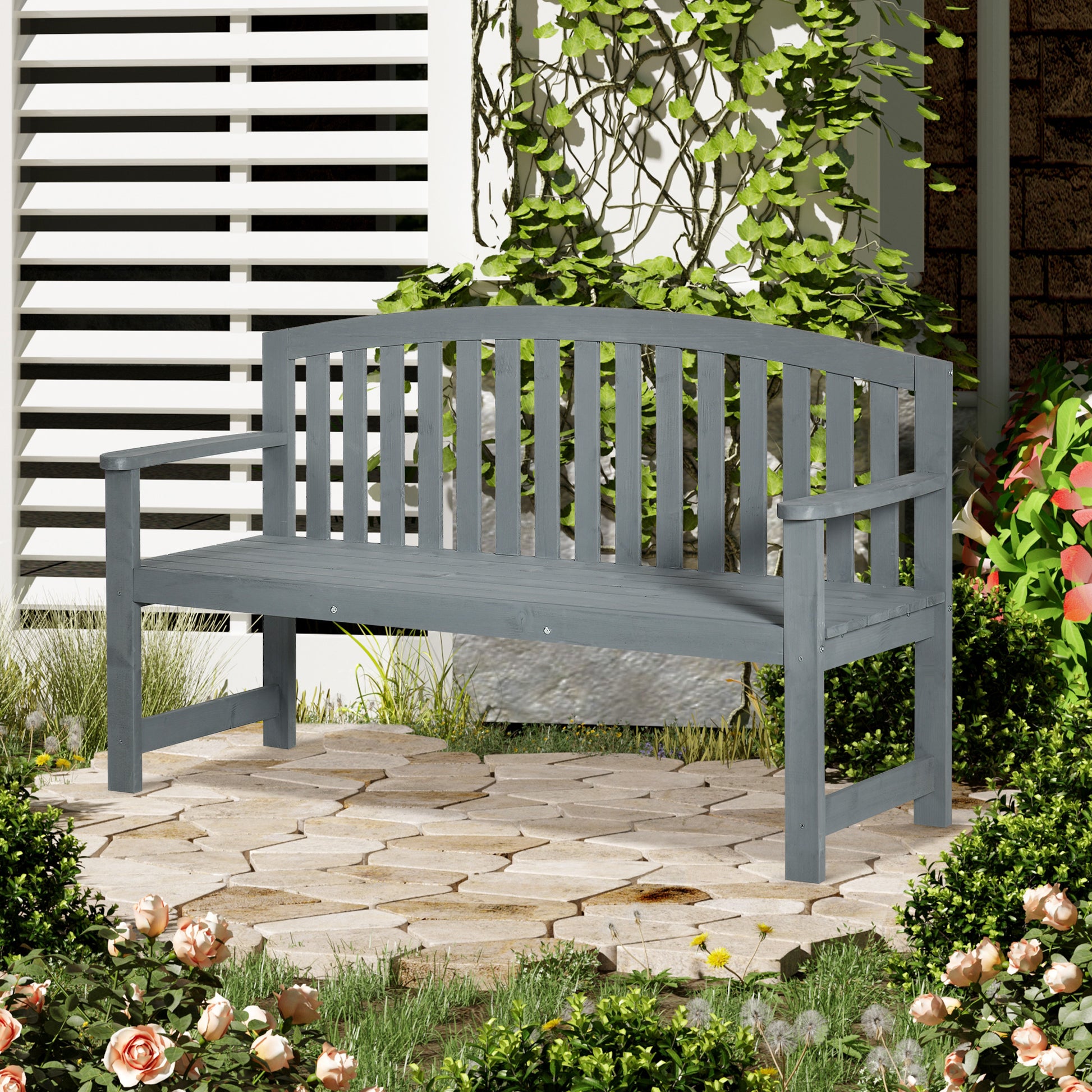 Outsunny 56" Outdoor Wood Bench, 2 Seater Garden Bench With Backrest And Armrest, Patio Bench For Patio, Porch, Poolside, Balcony, Gray Gray Wood