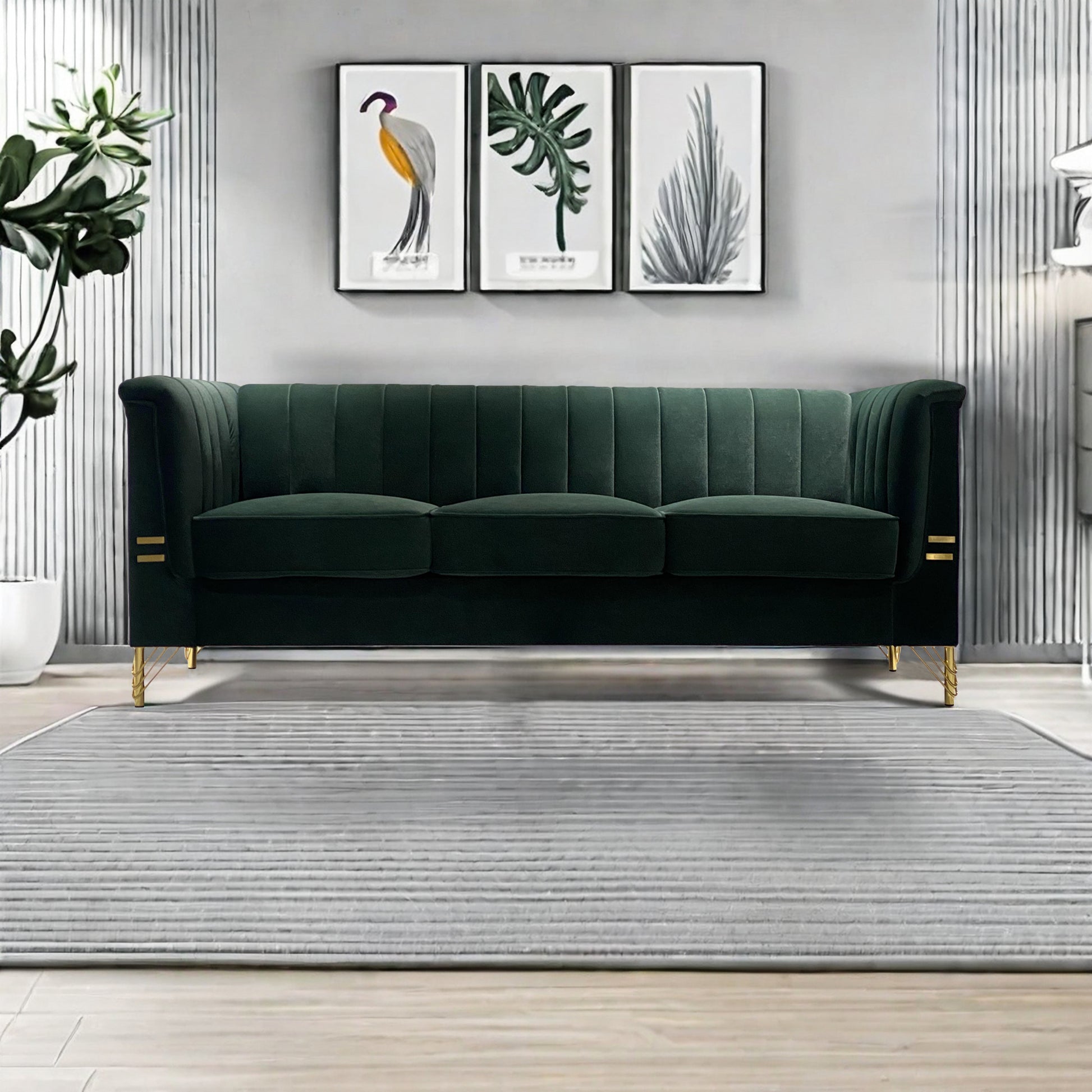 Fx P82 Gr Sofa 82.67'' W Velvet Sofa, Mid Century Sofa Furniture Chesterfield Couch For Living Room Sofa, Green Green Velvet 3 Seat