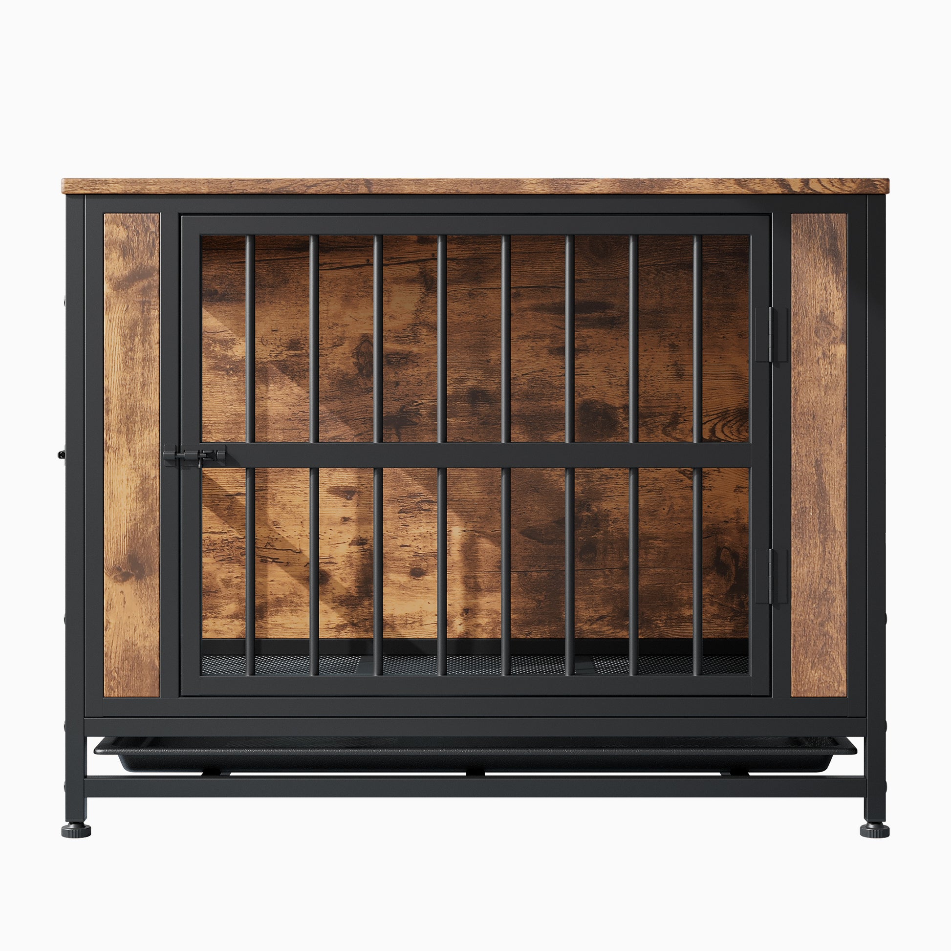 Dog Crate Furniture, Wooden Dog Crate Table, 32.8" Dog Kennel With 2 Sliding Doors And Thick Iron Door Frame, Decorative Pet Crate House For Medium Small Dog Indoor Use Rustic Brown Black Brown Medium 26 40 Lbs Mdf Metal