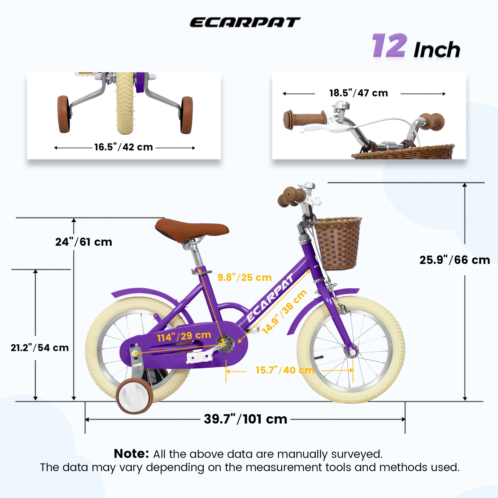 A12116 Ecarpat Kids'Bike Girls Bike 12 Inch Wheels,1 Speed Child Bicycles For 2 3 Years,With Removable Training Wheels Baby Toys,Front V Brake,Rear Holding Brake Purple Steel