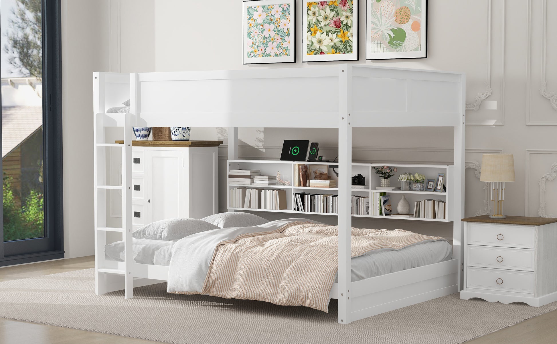 Queen Over Queen Bunk Bed With Storage Cabinets And Usb Ports, White White Solid Wood Mdf