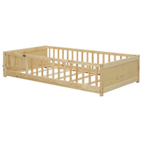 Twin Size Floor Platform Bed With Built In Book Storage Rack, Door,Natural Twin Natural American Design Pine