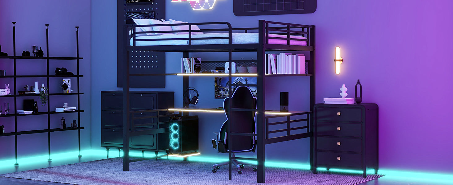 Full Size Metal Loft Bed Frame With Storage Shelf And Led Light,Iron Mesh,Black Expected Arrival Time:10.10 Black Metal