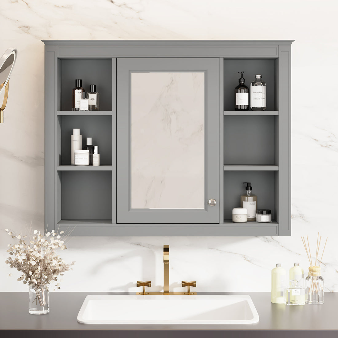 35'' X 27.5'' Medicine Cabinet, Wall Mounted Bathroom Storage Cabinet, Modern Bathroom Wall Cabinet With Mirror, Mirror Cabinet With 6 Open Shelves Not Include Bathroom Vanity Grey 1 5 Mirror Included Bathroom Wall Mounted Mdf Painted