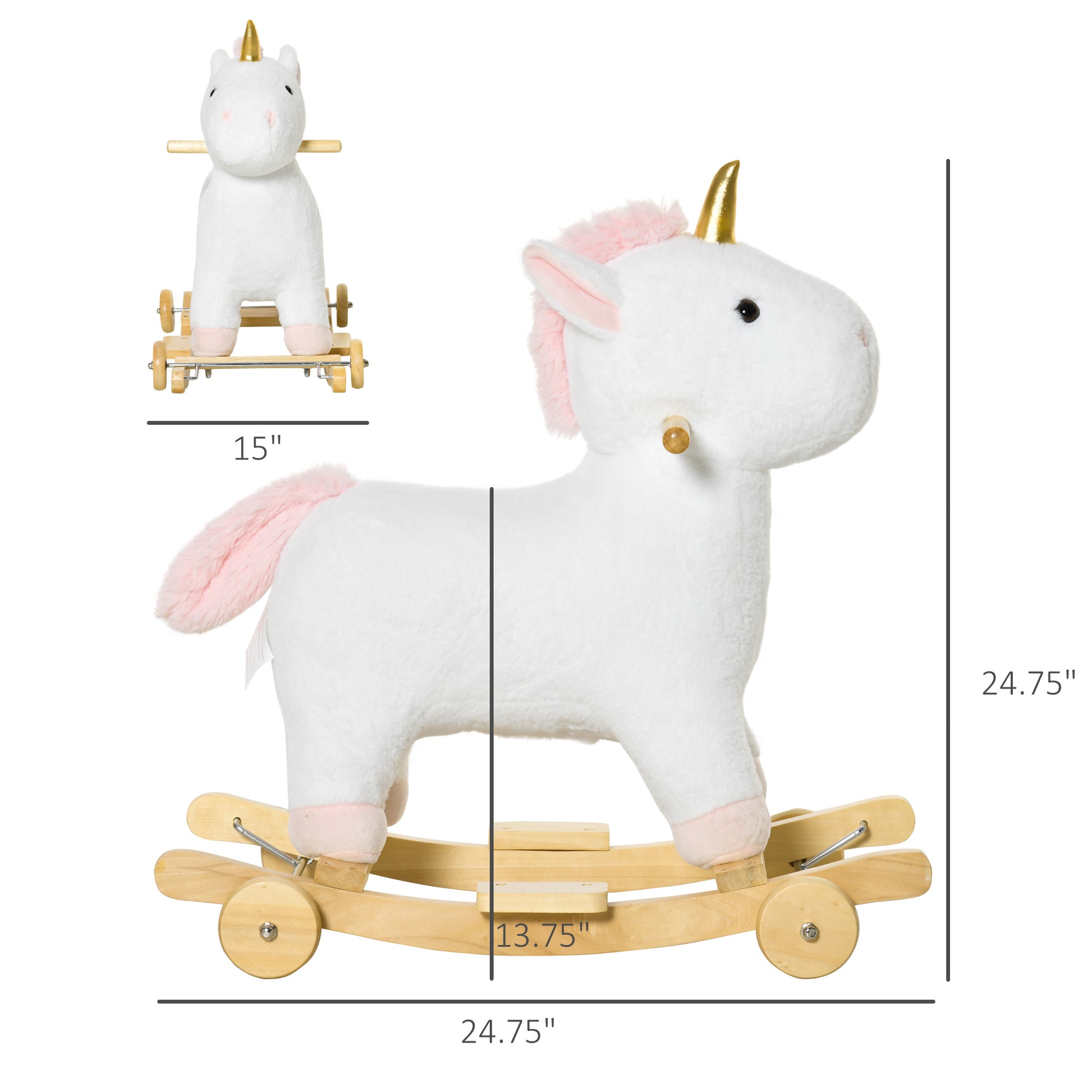 Qaba Rocking Horse, 2 In 1 Kids Ride On Horse, Rolling Unicorn Animal Rocker With Sound, Wooden Base, Pedal, Grip Handle, Plush Riding Pony For 3 6 Years Old, White White Plush