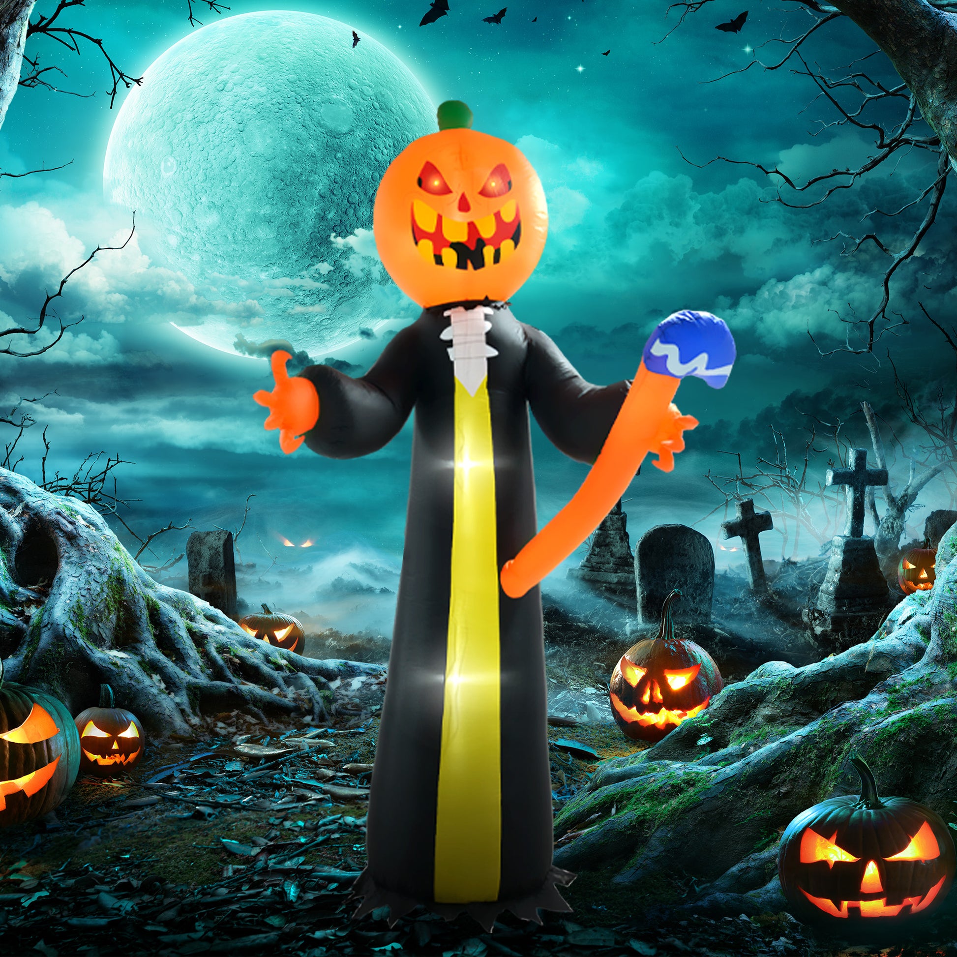 Outsunny 10Ft Inflatable Halloween Pumpkin Head Ghost With Hammer, Blow Up Halloween Decoration Outdoor Led Yard Display, Waterproof Black Polyester