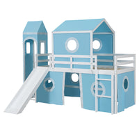 Twin Size Loft Bed With Slide Pink Tent And Tower Blue Old Sku:Wf298769Aac Twin Blue Solid Wood