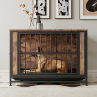 Dog Crate Furniture, Wooden Dog Crate Table, 38.9" Dog Kennel With 2 Sliding Doors And Thick Iron Door Frame, Decorative Pet Crate House For Large Medium Small Dog Indoor Use Rustic Brown Black Brown Large 41 70 Lbs Mdf Metal