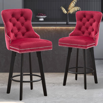 Modern Swivel Bar Stools Velvet Barstools Button Tufted Bar Stools Rivet Trim Bar Stools For Kitchen Island,Bistro, With Metal Pull Ring Sturdy Footrest Large Backrest For Home Bar Red Velvet