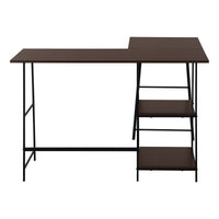 Computer Desk, Home Office, Corner, Storage Shelves, 48"L, L Shape, Work, Laptop, Brown Laminate, Black Metal, Contemporary, Modern Espresso Metal