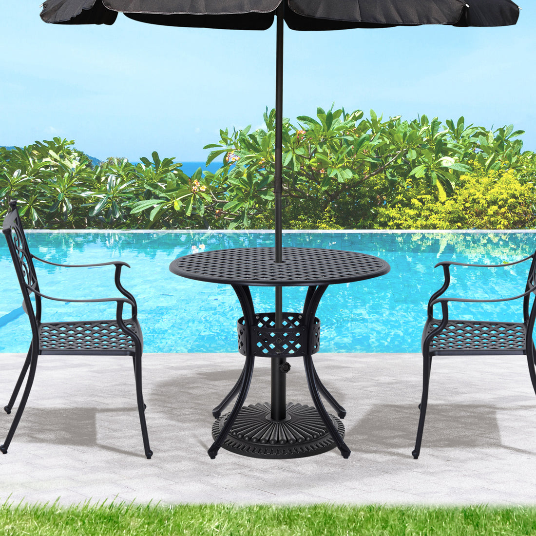 Outsunny 33" Patio Dining Table Round Cast Aluminium Outdoor Bistro Table With Umbrella Hole Black Black Aluminum