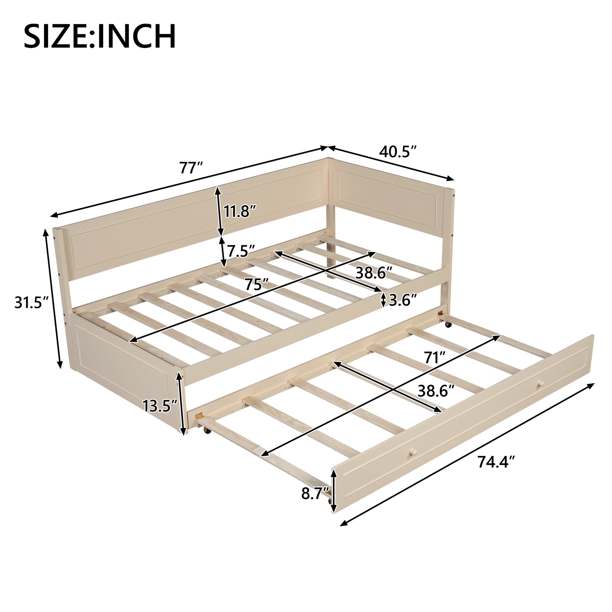 Twin Size Wood Daybed With Trundle And Guardrail, Beige Box Spring Not Required Beige Wood Solid Wood Mdf