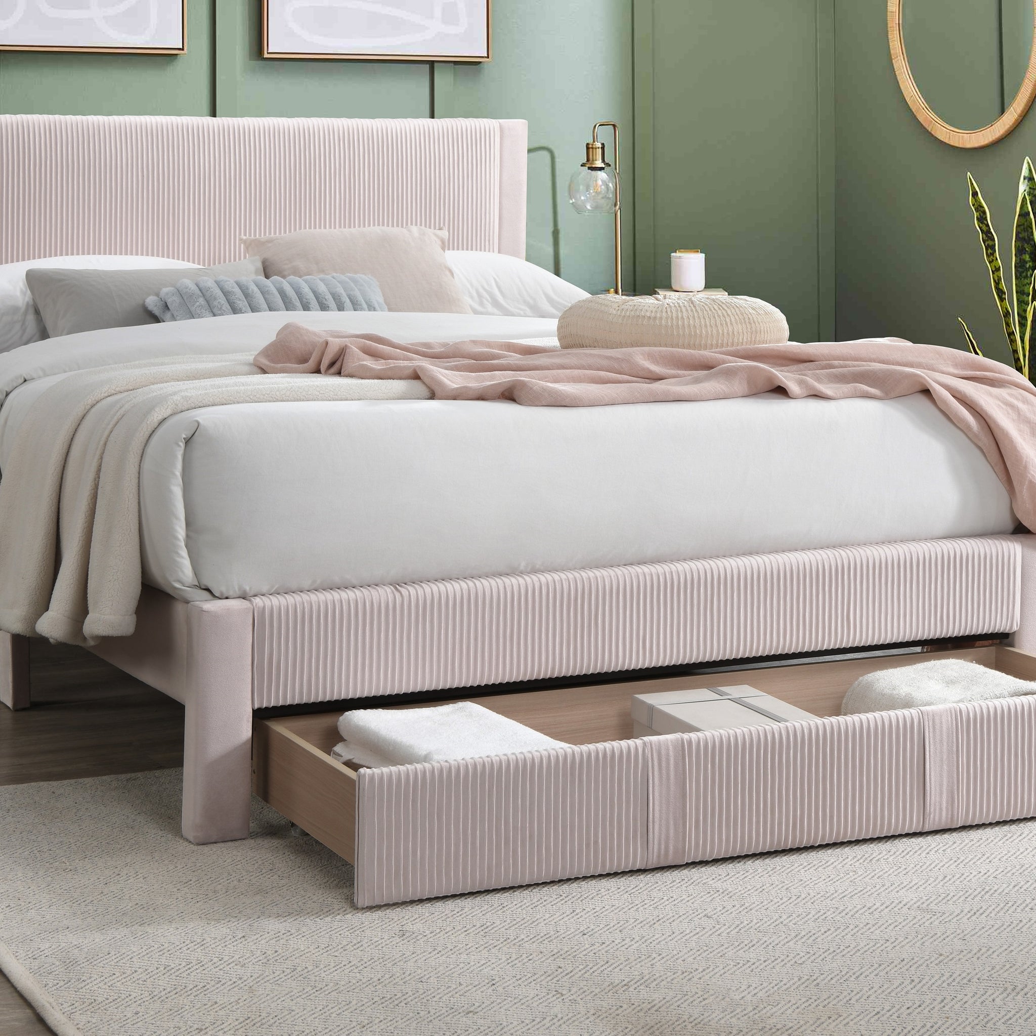 Contemporary 1Pc Queen Size Bed W Storage Drawer Light Pink Corduroy Texture Design Platform Bedframe Box Spring Not Required Queen Light Pink Wood Bedroom Contemporary,Modern Bed Frame Corduroy