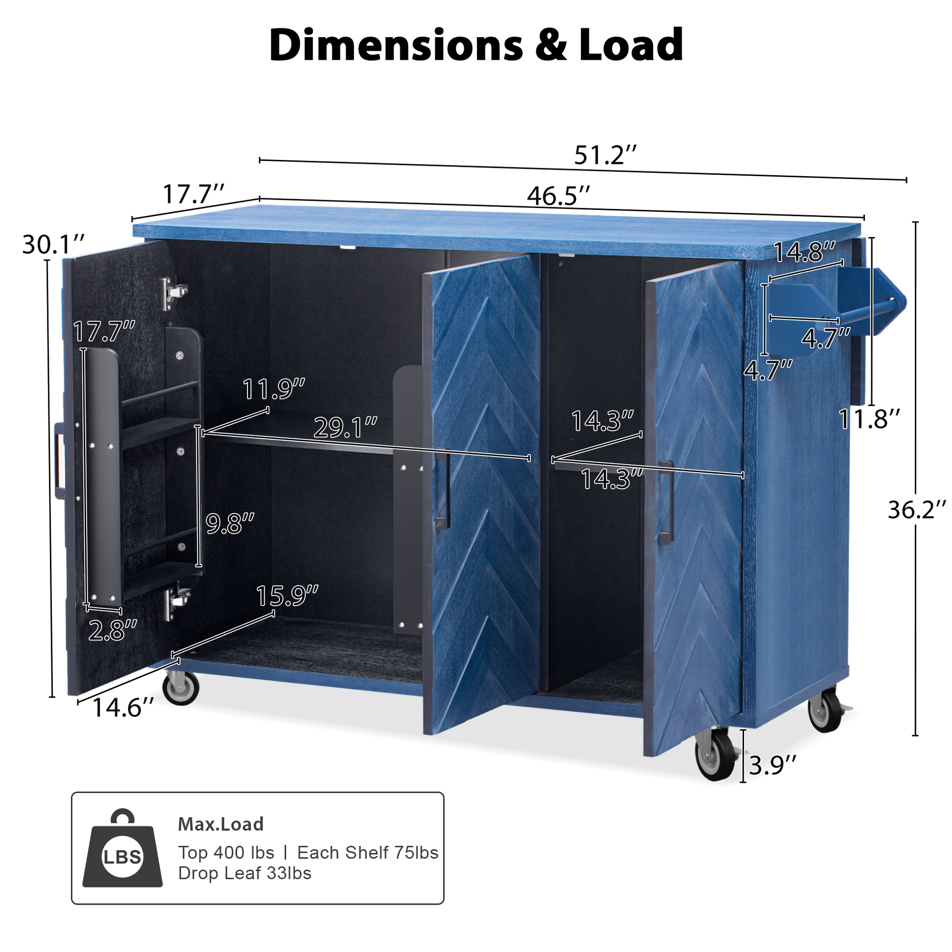 K&K 51.2"W 3D Wave Stripes Ash Veneer Not Cheap Paper Kitchen Island With Drop Leaf, Farmhouse Kitchen Island On Wheels With Internal Storage Rack, Rolling Kitchen Cart Navy Blue Navy Blue Nature