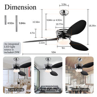52'' Abs Blades Ceiling Fan With Lights And Dc Remote, Dc Motor Modern Ceiling Fan With 3 Abs Fan Blades & 2 Down Rods, Indoor Ceiling Fan With Light For Bedroom,Living Room Chrome American Design Abs Metal