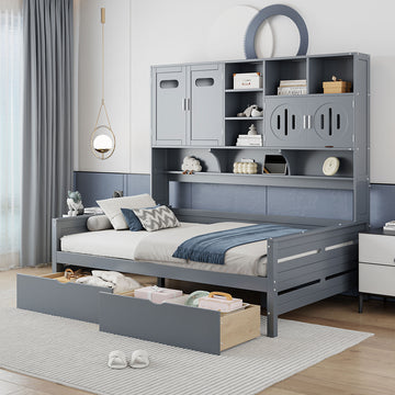 Full Size Wooden Daybed With 2 Drawers, And All In One Cabinet And Shelf, Gray Full Gray Wood