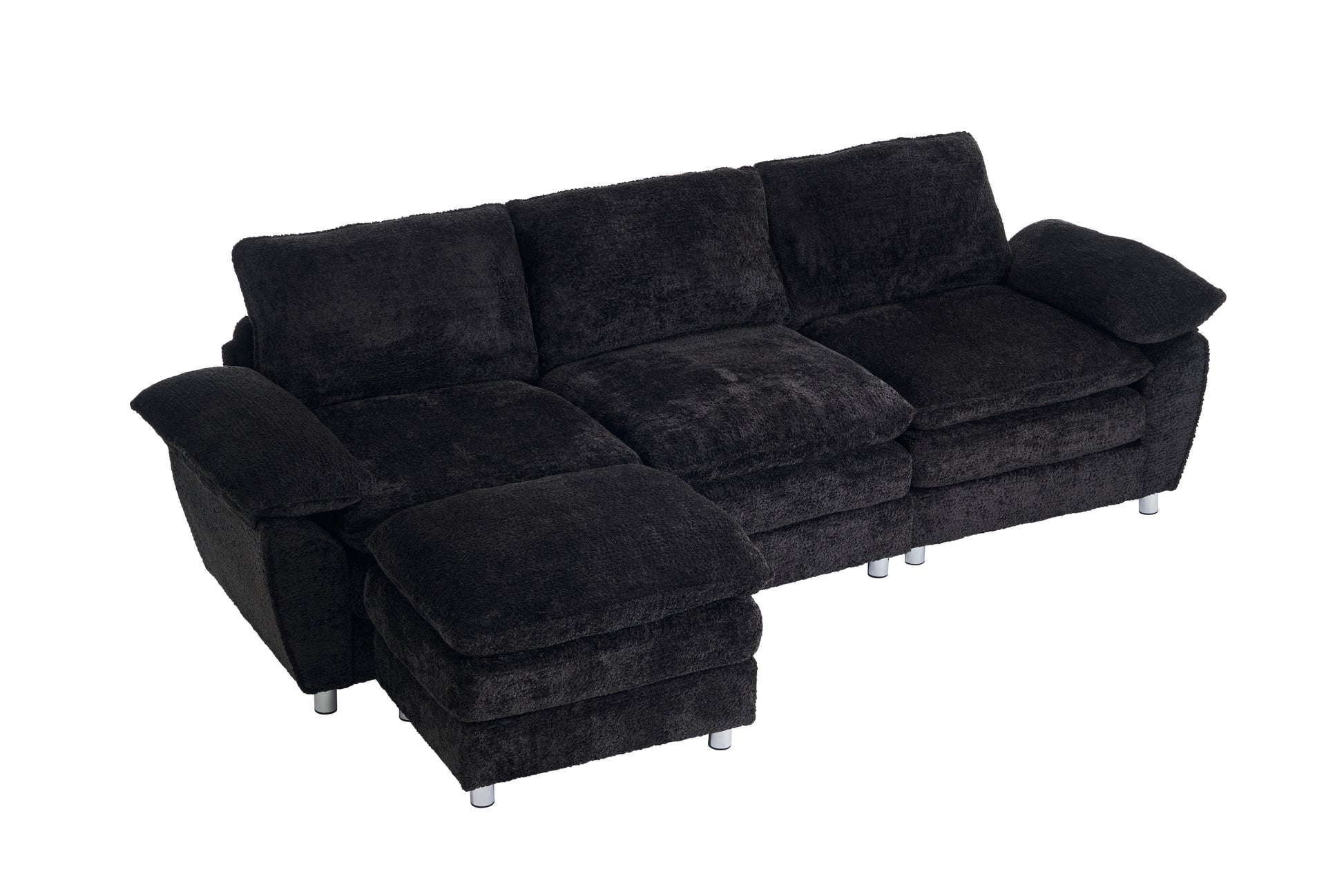 Modern Deep 3 Seat Sofa Couch With Ottoman, Polyester Sofa Sleeper Comfy Upholstered Furniture For Living Room, Apartment, Studio, Office,Dark Black Black Polyester 3 Seat