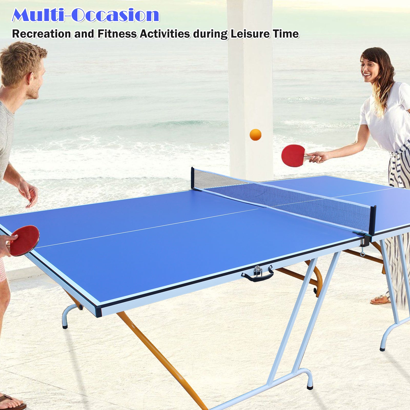 9Ft Mid Size Table Tennis Table Foldable & Portable Ping Pong Table Set For Indoor Games With Net, 2 Table Tennis Paddles And 3 Balls Blue Mdf