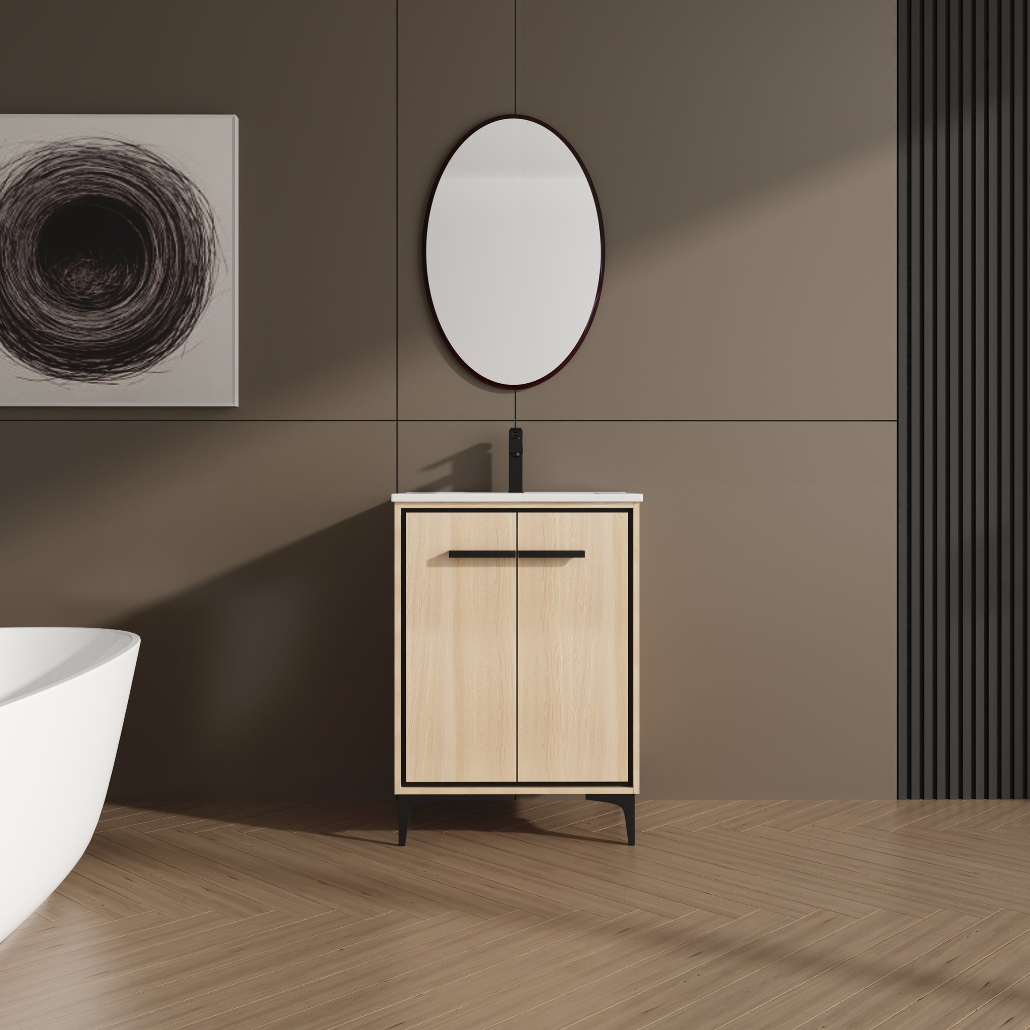 24 Inch Bathroom Vanity Base With Basin, Storage Cabinet With Doors, Engineered Wood Oak Bathroom American Design Ceramic Engineered Wood