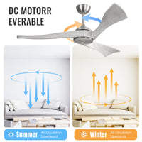 52 Inch Ceiling Fan Without Light 6 Wind Speed Timing Function 3 Solid Wood Blade Reversible Dc Motor Brushed Nickel Metal & Wood