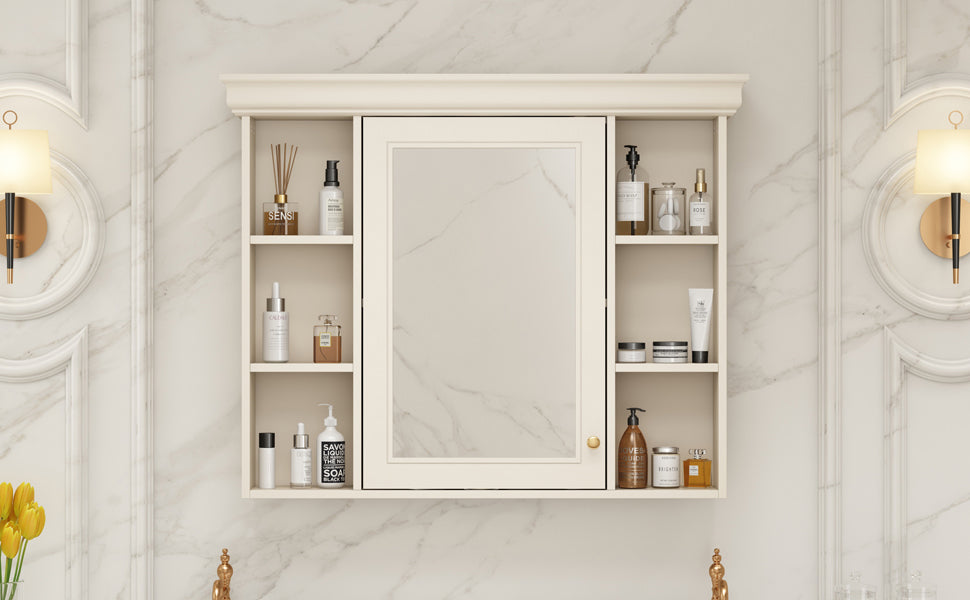 35'' X 28'' Blue Wall Mounted Bathroom Storage Cabinet With Mirror Door, Modern Bathroom Wall Cabinet With Mirror, Medicine Cabinet With 6 Open Shelves Beige Cream 1 Adjustable Shelves Wall Mounted Luxury Mdf Glass Painted