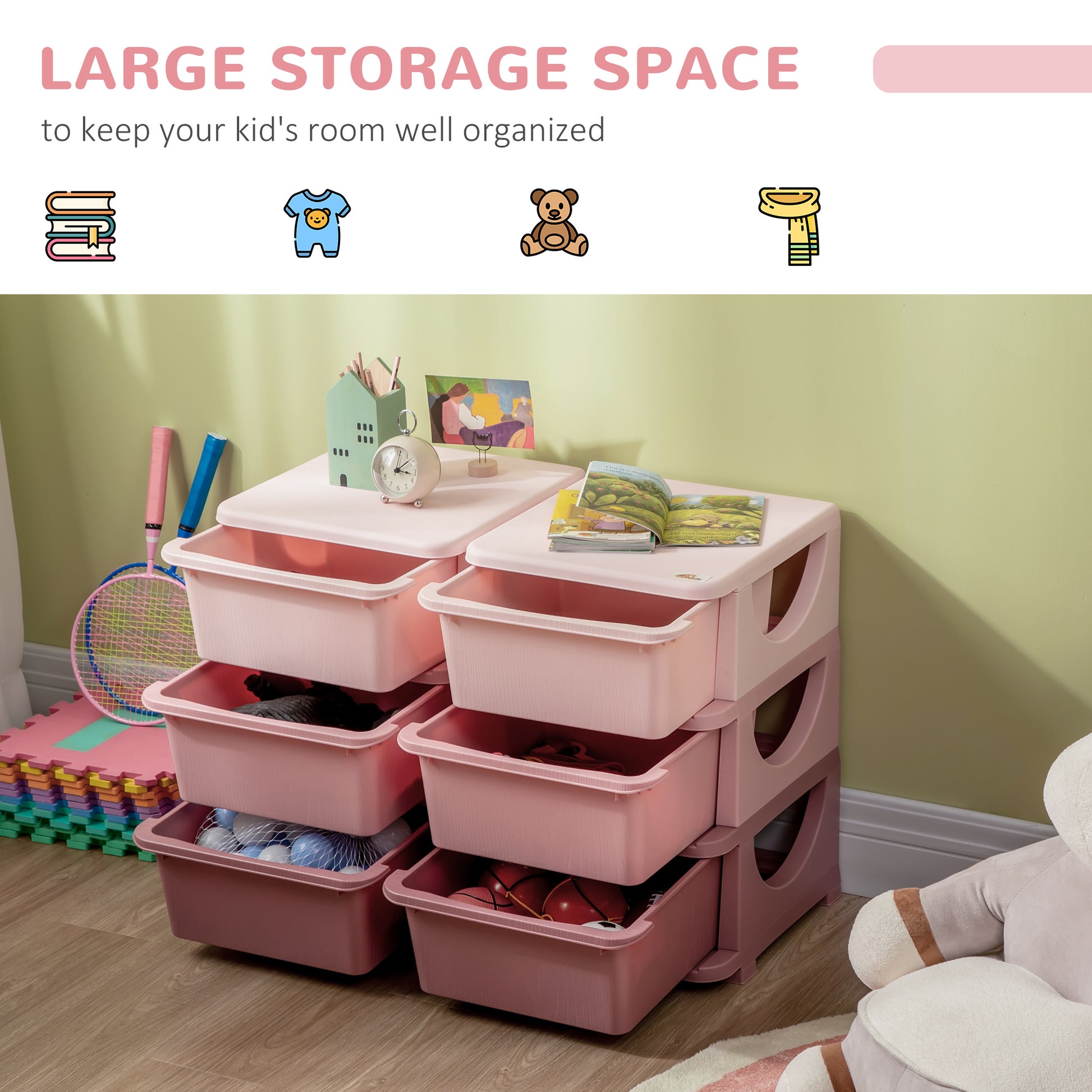 Qaba 3 Tier Kids Storage Unit, 6 Drawer Chest Toy Organizer Plastic Bins For Kids Bedroom Nursery Kindergarten Living Room For Boys Girls Toddlers, Pink Pink Polypropylene