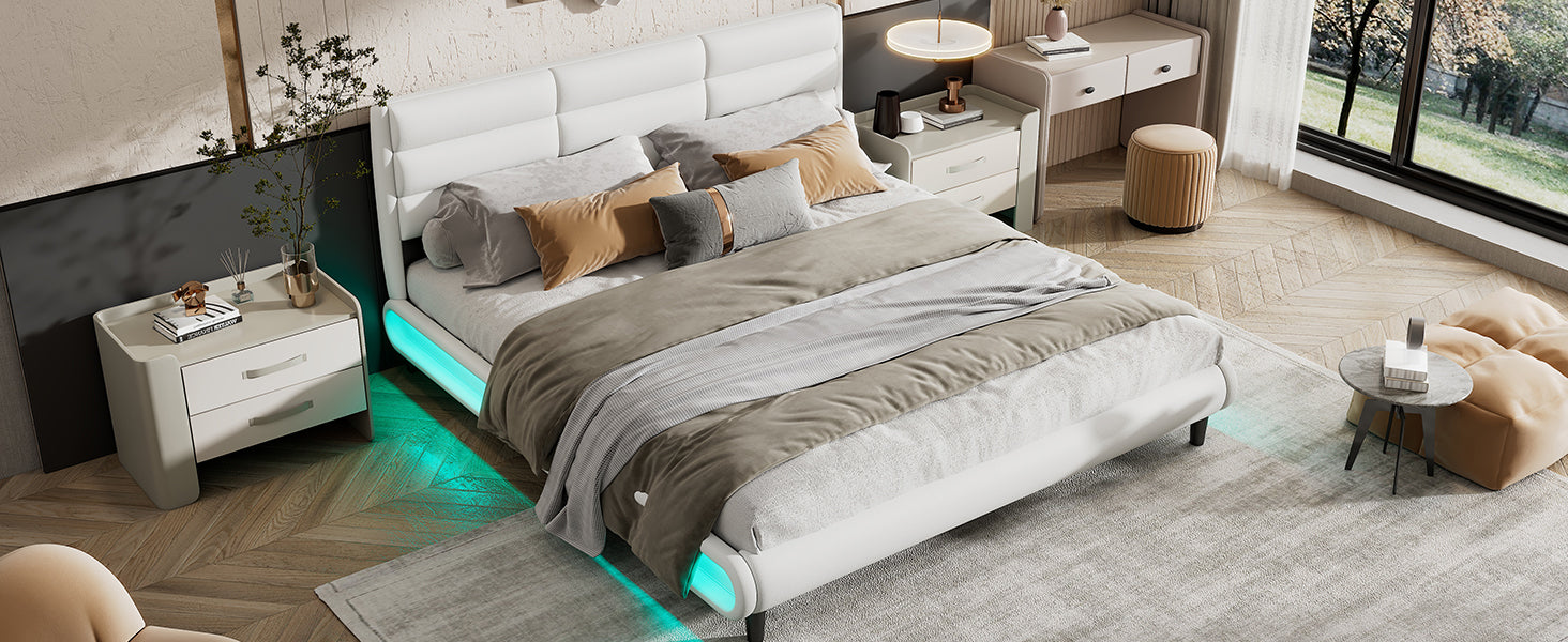 King Size Upholstered Platform Bed With Led Light Strips,White King White Upholstered