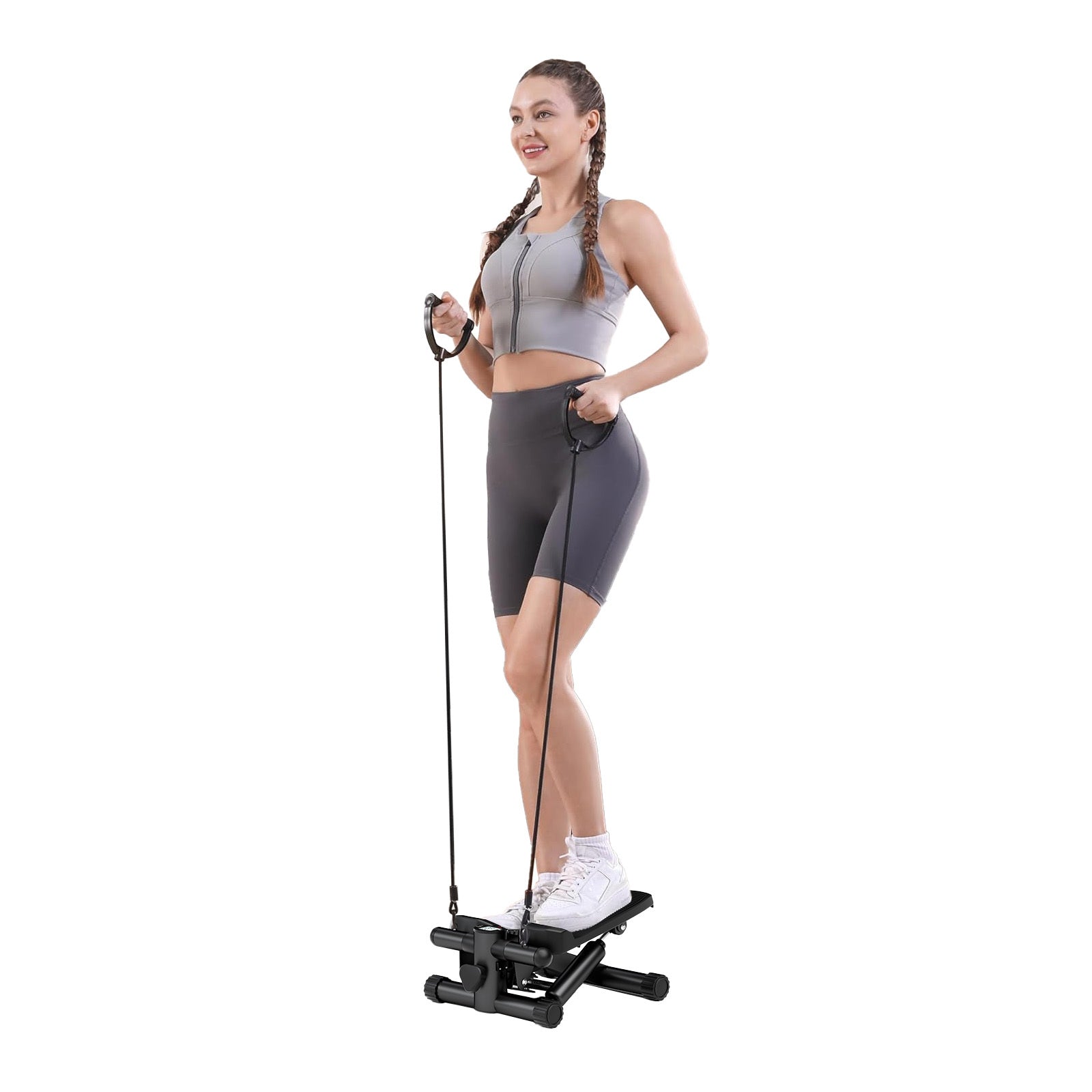 Mini Fitness Stepper, Hydraulic Fitness Stepper With Resistance Bands And Display, Silent Design, Weight Capacity 300Lbs, Portable Stepper For Total Body Workout,11.3"L X 12.6"W X 7.8"H,Black Black Abs Rubber Steel Q235