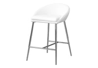 Bar Stool, Set Of 2, Counter Height, Kitchen, Chrome Metal, White Leather Look, Contemporary, Modern White Foam Faux Leather