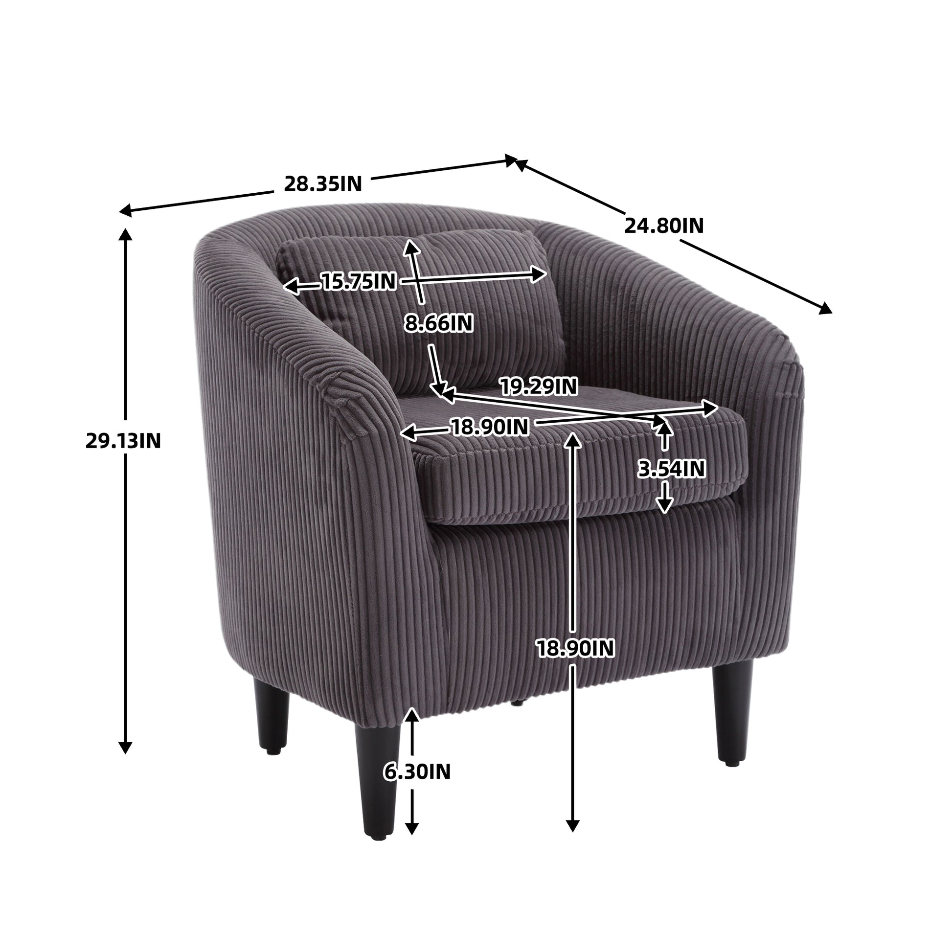 Coolmore Living Room Accent Barrel Chair, Century Modern Style Decorative Chair, Armchair For Living Room With Thick Cushions And Pillows, Comfy Single Sofa Chair, Chair With Wooden Legs,Dark Grey Dark Gray Corduroy