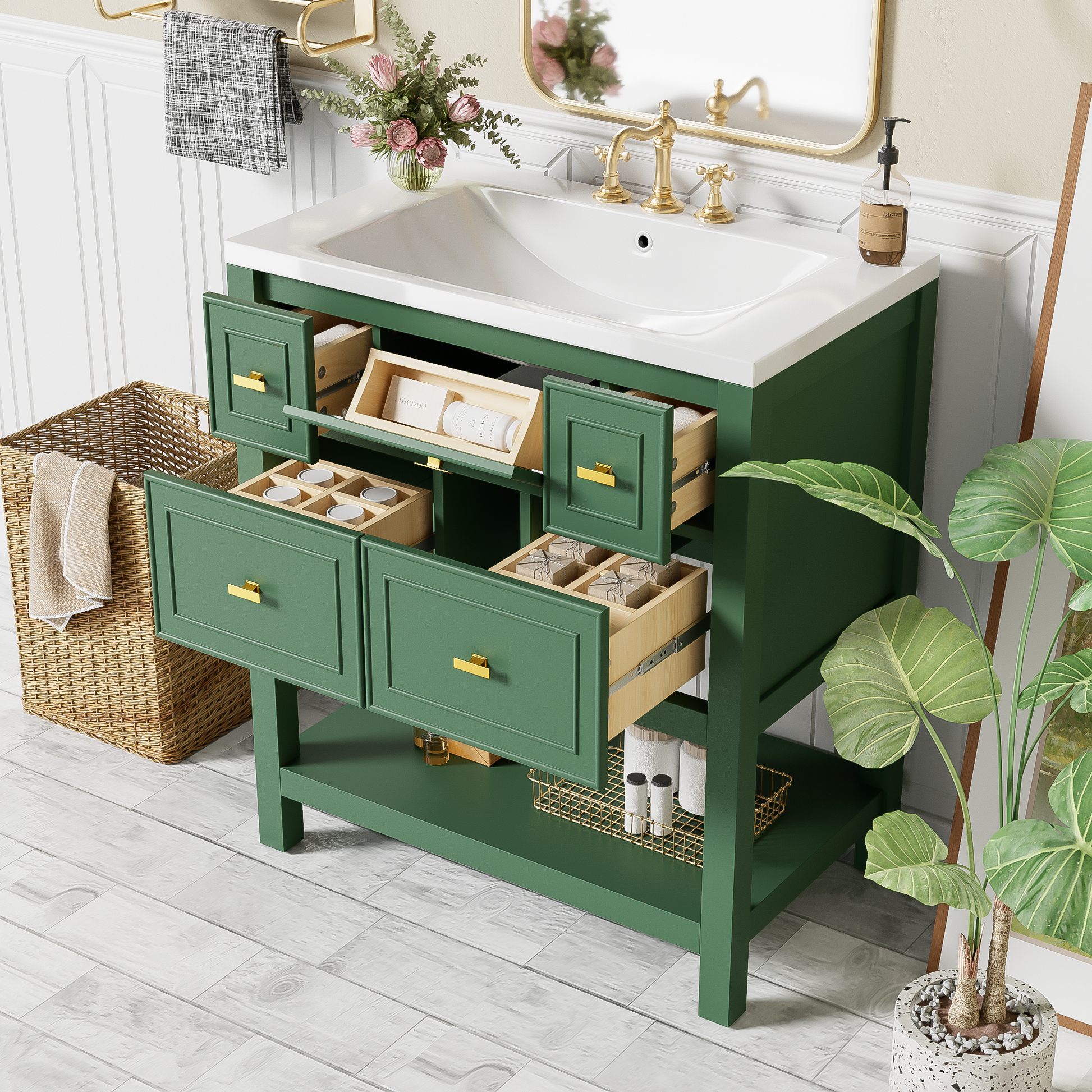 30'' Bathroom Vanity With Resin Sink Combo, Free Standing Single Vanity Set With 5 Drawers, Solid Wood Frame Bathroom Storage Cabinet, Green 4 Green 1 Bathroom Freestanding Modern Solid Wood Mdf Resin Painted