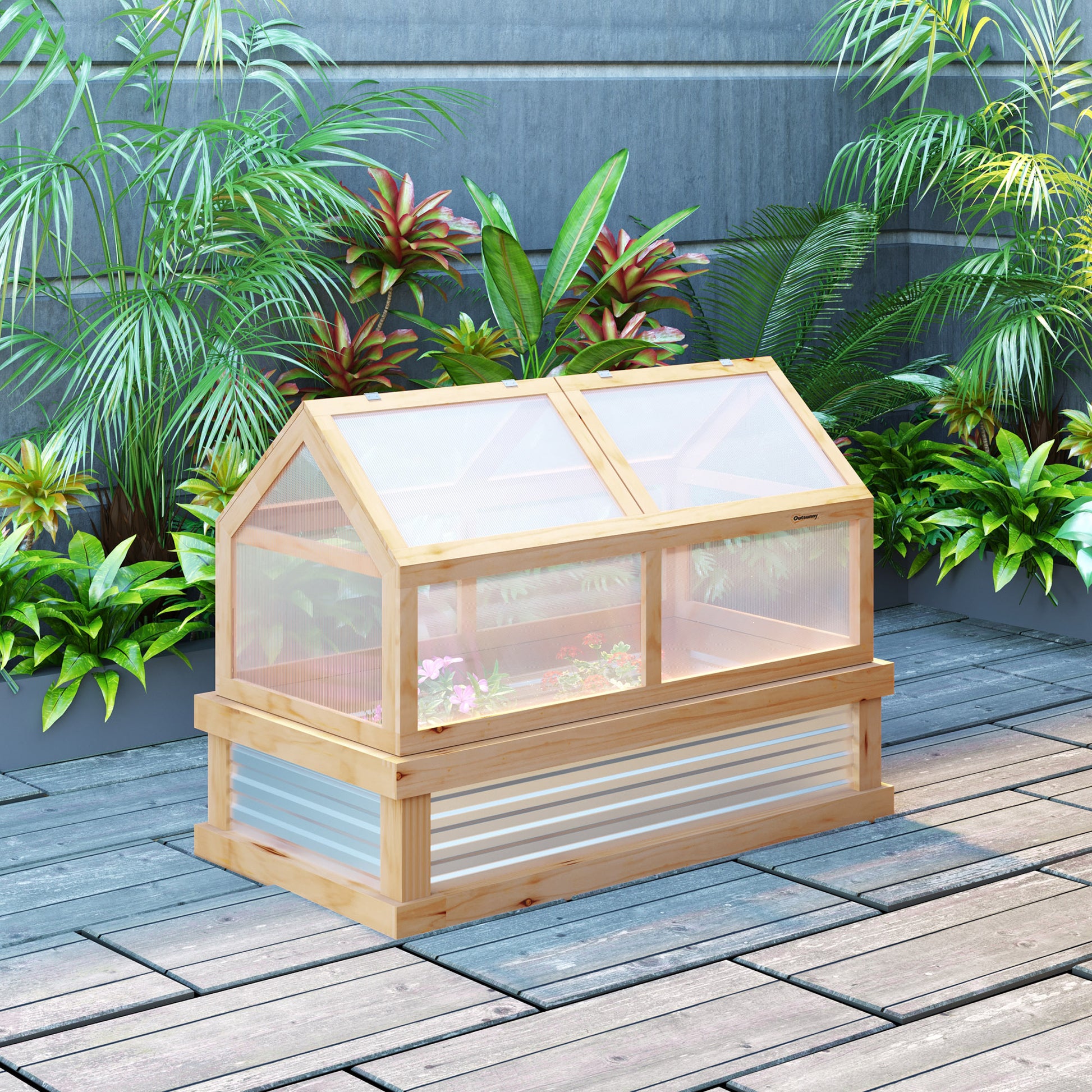 Outsunny Raised Garden Bed With Polycarbonate Greenhouse, Wooden Garden Cold Frame Greenhouse, Flower Planter Protection, 48" X 24" X 32", Natural Natural Wood Wood